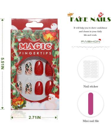 Vatocu Christmas False Nails Short Red Press on Nails - Snowflake Elk Snowman Design (24pcs) | Acrylic Stick on Nails for Women and Girls - Buy Online on SooperMarket.com