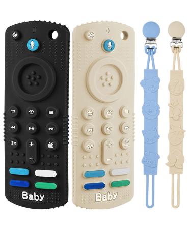 Hotut baby remote control bite ring 2 pieces of baby remote control with 2 pacifier chain silicone bpa -free silicone dental aid baby toys from 3 months 2PcFern control fleet1 -Black/white