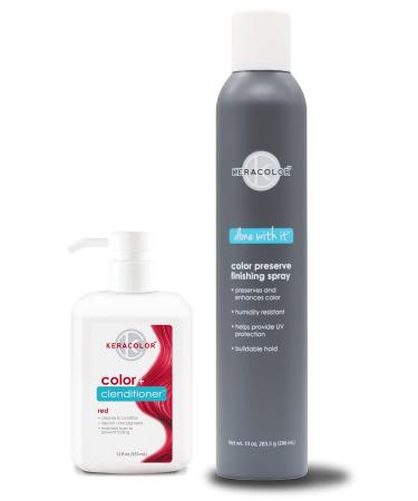 KERACOLOR Kit of 3-in-1 (Cleanse + Conditioner + Color) Red Semi-Permanent Hair Dye and Finishing Hair Spray 10oz