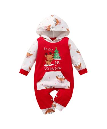 Loalirando Baby Girl Boy Christmas Romper Jumpsuit Overall Newborn Toddler Xmas Outfit Clothing One Piece My First Christmas 3-6 Months Red 58 - Tree & Elk