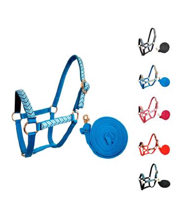 Tahoe Tack Patterned Nylon Mini Horse Halters with Padded Noseband and Matching 7 Soft Grip Lead Rope Blue Chevron Mini Horse B (Over 34")