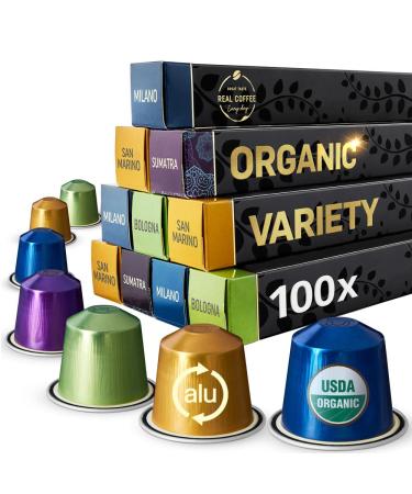 Organic Variety Pack | 4 Different Varieties | 100 Nespresso Compatible Aluminium Pods from Real Coffee | Organic & Fairtrade Taster Pack 100 Count (Pack of 1)