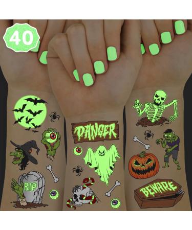 xo  Fetti Halloween Temporary Tattoos for Kids - 40 Glow In Dark Tat Styles | Halloween Decorations  Skeletons  Ghosts  Pumpkins  Spiderwebs