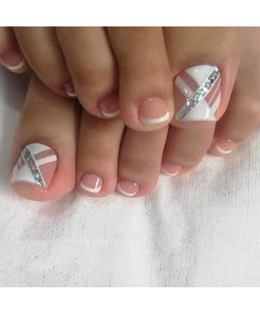 Press on Toenails Square Short Full Cover Fake Toenails 24PCS Glitter Geometric Pink Toe Nails Fake Nails with Glue Sticker and Nails File False Gel Toes Nails Tips Sets for women Teens Girls