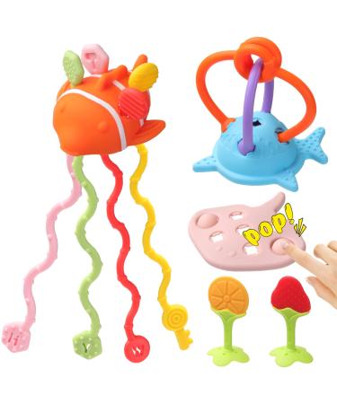 Baby Teether Toys for 12-18 Months Montessori Sensory Teething Toys for Babies 1+ Year Old Infant Car Seat Toys Pull String Activity Silicone Toy Fish Shape Chew Toys for Boys Girls BPA Free