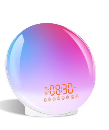 Daily light alarm clock light up light sunrise sunset simulation alarm clock radio 7 natural noises 2 alarms snooze 11 color light 20 brightness bedside lamp adult children