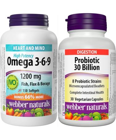Webber Naturals Omega 3-6-9 1 200 mg Fish Oil 150 Softgels & Probiotic 30 Billion Active Cells 8 Probiotic Strains 30 Capsules For Digestive Health Vegetarian