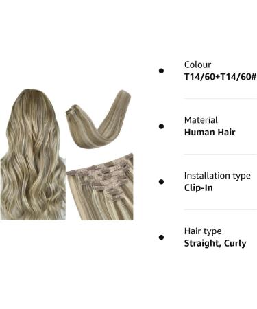 Vlasy 16 Inch Clip in Hair Extensions Human Hair T14/60+T14/60# - Seamless Natural Thick Weft Human Hair Extensions for Women - 7 Pieces (80g) - Buy Online on SooperMarket.com