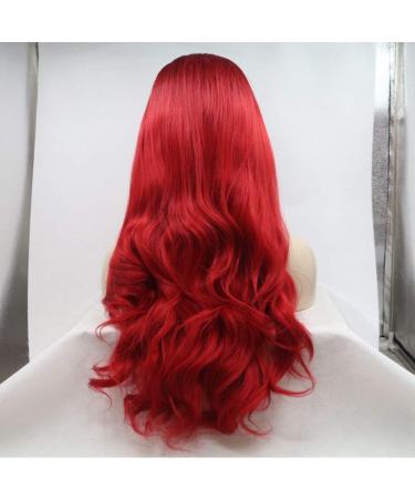 SHIYID Red Wavy Lace Front Wig with Dark Roots - Heat Resistant Synthetic Hair for Women | International Shipping Available - Buy Online on SooperMarket.com