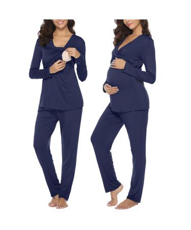 Irdcomps Women's Maternity Pyjamas Set Cotton Breastfeeding Nursing Nightwear PJ Set Long Sleeve Sleepwear Pregnancy for Hospital Home L Navy Blue