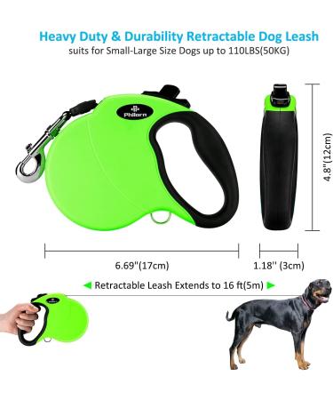 Philorn 5m Retractable Dog Leash - Flexible One-Button Blocking Non-Slip Handle Reflective for Small/Medium Dogs Up to 20kg - Green - Buy Online on SooperMarket.com