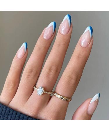 RikView French Press on Nails Medium Length Fake Nails Almond White & Blue Nails Glossy Acrylic Nails for Women Swirls & Blue