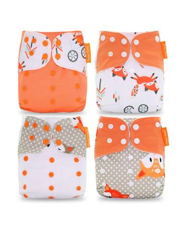 Hahago baby cloth diaper washable reusable diapers all-in-one pocket diaper for most babies and toddlers (4PCs orange fox pattern)