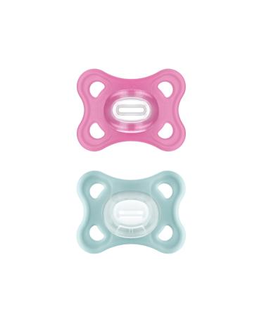 MAM Comfort Schnuller in the 2 Set particularly small and light baby pacifier for newborns made of 100 % silicone with soft MAM SkinSoft suction part & pacifier box 0-6 months pink/min pink/mint 0-6 months (2 Pack)