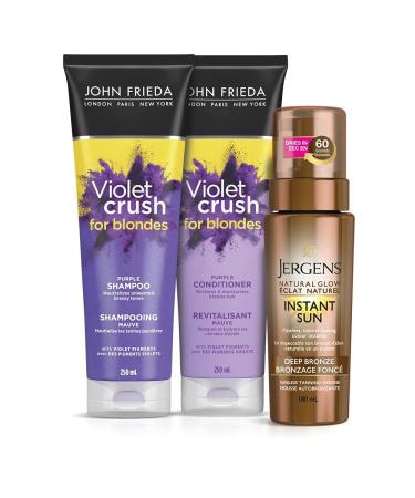 Self Tanner & Brass Fighting Shampoo and Conditioner Set for Blondes | John Frieda Violet Crush Daily Purple Shampoo + Conditioner and Jergens Natural Glow Instant Sun Sunless Tanning Mousse Deep Bronze.