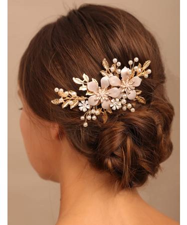 Chargances Bride Gold Flower Leaf Hair Comb Wedding Pearl Beaded Hair Side Comb Dainty Fashion Handmade Hair Accessories for Women Bridesmaid Girls