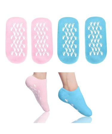 2 Pairs Moisturising Socks Moisture Gel Socks Soft Moisturising Foot Socks for Women and Men Gel Socks for Moisturising Dry Feet Cotton Gel Toe Moisturizing Spa Silicone Socks(Blue Pink)