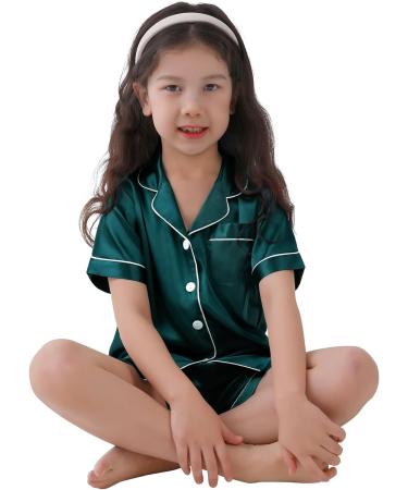 SWOMOG Kids Silk Pyjamas Set - Short Sleeve Satin PJs for Girls Boys, Button-Down Silky Nightwear for Children & Teens, Ages 4-16, Dark Green - Buy Online on SooperMarket.com