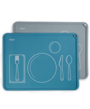 CHAMOS Montessori Placemat for Toddlers - Kids Silicone Mats for Dining Table - Set of 2 - Table Setting Learning (Blue and Grey) Blue/Gray