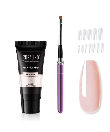Rosalind nail extension gel kit pink acrylic gel Nail extension gel with nail brush nail tips 60ml pink poly nail set UV/LED nail polish for quick extension nail gel yourself make soft pink