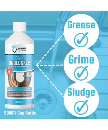 Gardian Drain Unblocker - 500 ml High Strength Drain Cleaner to Effectively Dissolve Clogs on Sinks Showers and Drains - Safe Non-Corrosive Easy-to-Use Drain and Sink Unblocker Liquid - Buy Online on SooperMarket.com
