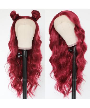 QD-Tizer Burgundy Red Lace Front Wig - Long Wavy Heat Resistant Synthetic Hair for Women - Buy Online on SooperMarket.com
