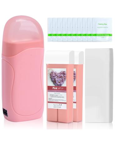 Roll on Wax, Waxing Kit for Women, Roll on Wax Warmer Kit, Roller Waxing Kit for Women & Men Sensitive Skin, Wax Roller Kit Include 2 Rose Wax Cartridge, 100 Wax Strips, 10 Wipes Pink