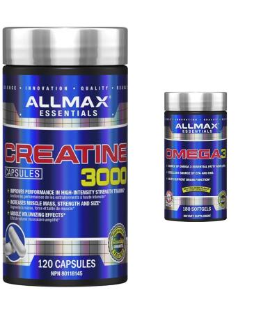 ALLMAX Nutrition - Creatine 3000 Creatine Monohydrate Capsules for Strength and Muscle Recovery & Omega-3 essential fatty acid ultra-pure cold-water fish oil 180 count