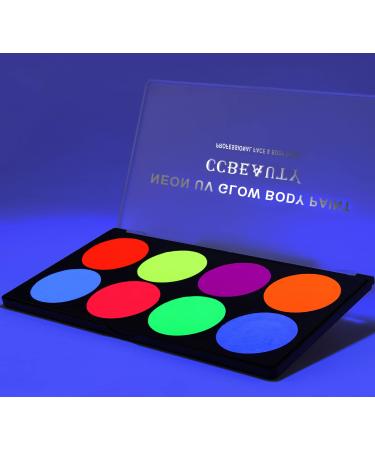 CCbeauty Pro Large UV Glow Face Body Paint Palette  8 Neon Glow In The Black Lights Makeup  Water Based Activated Eyeliner Painting Palette  Non-Toxic Washable for Kids Adults  Halloween Costume Masquerades Club Makeup