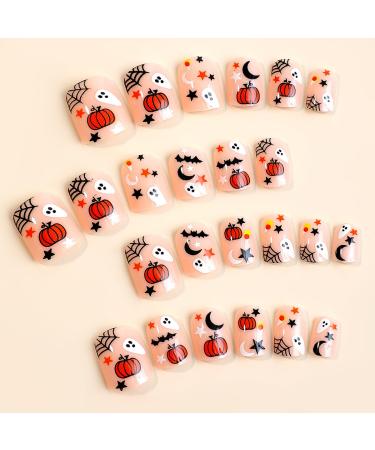 Spooky Halloween Press On Nails - Short Square Acrylic Nails with Ghost Pumpkin Bat & Gothic Designs | Full Cover False Nails for Women & Girls - Buy Online on SooperMarket.com