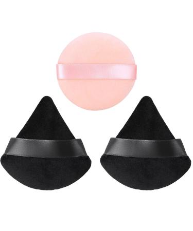 3 Pcs Powder Puff HEYMKGO Triangle Powder Puffs for Pressed Powder Velvet Setting Makeup Puff Powder Sponge with Strap Reusable Wet Dry Dual-use Face Make Up Cosmetics Cleansing Beauty Make-up Puff Black/Round Pink/3pack