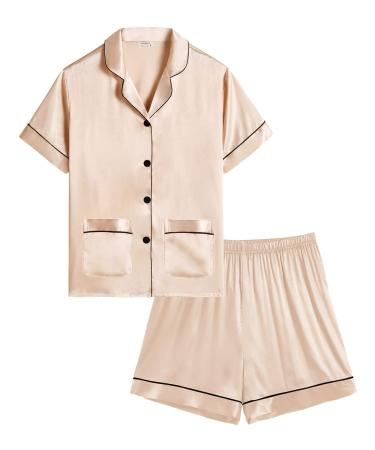 SWOMOG Kids Satin Pyjamas Sets Girls Boys Button-Down Pjs Short Sleeve Silk Nightwear 2 Piece Lounge Sets 4-5 Years Champagne