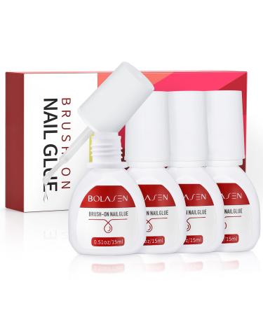BOLASEN Super Strong Nail Glue for Fake Nails - 4 Bottles 15ml Brush on Nail Glue, Quick Press on Nail Glue for Acrylic Nails Professional, Long Lasting Nail Glues for Broken Nails 4pcs