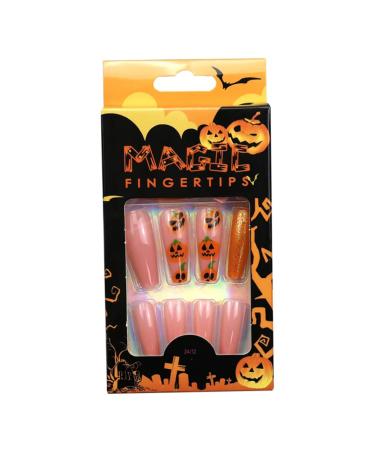 Halloween Press on Nails Medium Length Fake Nails Acrylic Nails Pumpkin Black Flame Cross Head Design Nails Fake Nails Glue for Women and Girls The Most Fashionable Nail Decoration