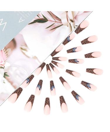 Brishow Leopard Long French Press-On Nails - 24PC Butterfly False Nails for Women & Girls | International Shipping Available - Buy Online on SooperMarket.com