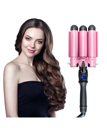 Awhoas 3 Barrel Curling Iron, 32MM Hair Waver Triple Barrel Hair Crimper for Women Beach Waves Curling Iron 1.25 Inch Three Barrel Pink Curling Wand Ceramic Tourmaline with LCD Temp Display 32MM Pink