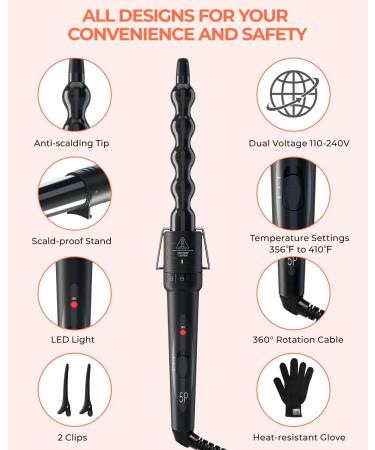 Curling Wand Ohuhu 5 in 1 Hair Curler Curling Tongs Iron Set with 5 Pcs 0.35 to 1.25 Inch Interchangeable Ceramic Barrel Heat Protective Glove 2 Clips Dual Voltage Gift for Girl Women Mother's Day Black - Buy Online on SooperMarket.com