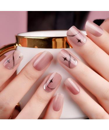 DANNI & TONI 28 Stickers Semi Cured Nail Wraps Soft Self-Adhesive Gel Nail Stickers Salon-Quality Gel Nail Polish Strips Manicure Stickers Set (Nebula)-Silver Stamping Print