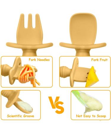 Vicloon Baby Fork and Spoon Set - 4Pcs Silicone Self Feeding Utensil for Easy Grip | Toddler Cutlery Kit for Infant & Children | First Led Training & Weaning Spoons - Apricot Yellow - Buy Online on SooperMarket.com
