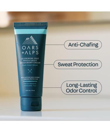 Oars + Alps Whole Body Deodorant Cream For Men - Multi-Action Odor Defense - Aluminum Free Baking Soda Free Anti-Chafe - 2.5 Ounce Tube - Fresh Ocean Splash - Buy Online on SooperMarket.com