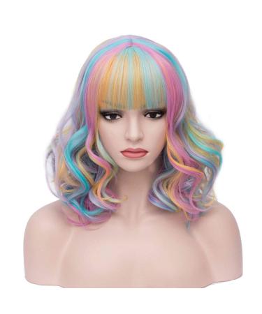 Beron 35.6 cm rainbow wig short wavy wig rainbow wigs with pony bob wig colorful wig for women wig cap including rainbow1