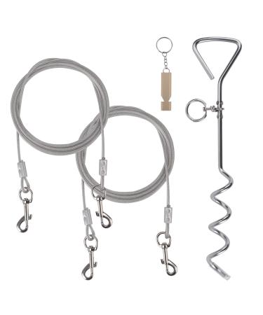 Dog Stake and Tie Out Cable Heavy Duty Stainless Steel Spiral Ground Spike Stake 2 PCS Outdoor Dog Camping Tie Out Lead Leash with & Whistle for Dog Playing Camping and Backyard in Ground