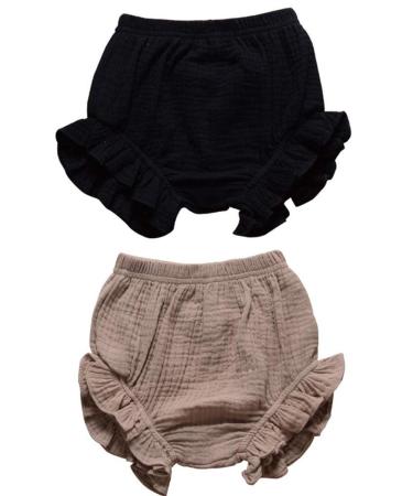 HASAKI 2Pcs Kids Linen Bloomer Shorts - Newborn Baby Girls Boys Toddler Diaper Cove 2-3 Years Black+khaki