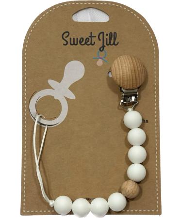 White-Sweet Jill Silicone Pacifier Clip with Wood Clip - BPA-Free, Chewable, 9 Long - Securely Fastens Pacifiers & Teethers - Buy Online on SooperMarket.com