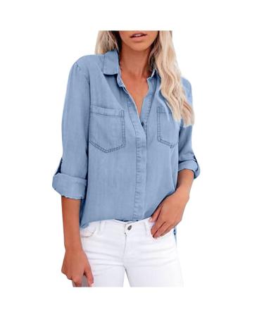 TUNUSKAT Work Casual Denim Shirts For Women Fashion Back Slit Roll Up Long Sleeve Cowboy Tops Button Down Jean Blouse Blue XX-Large A1*blue
