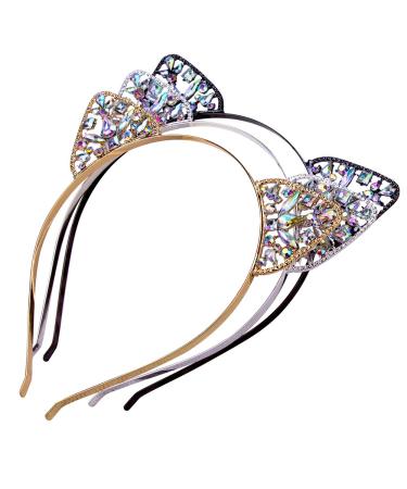 AWAYTR 3PC - Crystal Cat Ears Hair Hoop Headband for Women Girls Cats Ears Hairband Headwear Hair Accessories Christmas Gift (Floral)