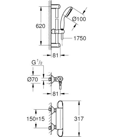 GROHE 34151004 Grohtherm 1000 Thermostat Battery Set DN 15 - Chrome Shower Arrangement 600 mm | International Shipping Available - Buy Online on SooperMarket.com