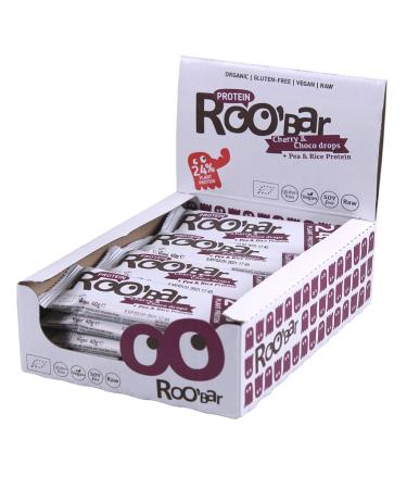 Roobar protein cherry & chocolate drops - 100% organic vegan protein bar milk -free & gluten -free 16 x 40g protein bar in a box cherry 16 pieces (1 Pack)