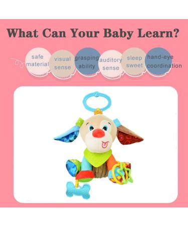 Hanging Car Seat Stroller Toy with Teether - Soft Plush Dog Design for Babies 6-12 Months | Soothing Teething Toy for 3-6 Months | Newborn Gifts for Boys and Girls - Buy Online on SooperMarket.com