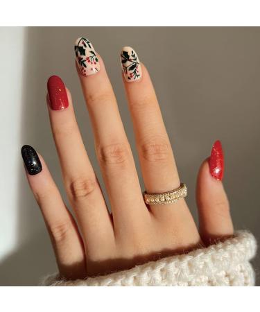 Vatocu Christmas False Nails Short Red Press on Nails - Snowflake Elk Snowman Design (24pcs) | Acrylic Stick on Nails for Women and Girls - Buy Online on SooperMarket.com
